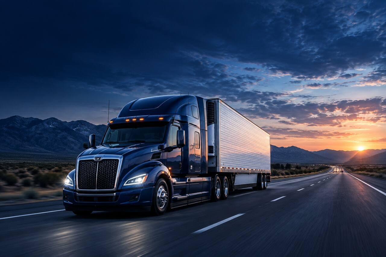 Semi truck on an open highway at sunset